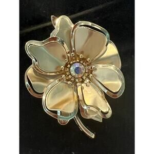 Matte Gold Tone 3D Flower With Iridescent AB Rhinestone Center Stone Brooch Pin